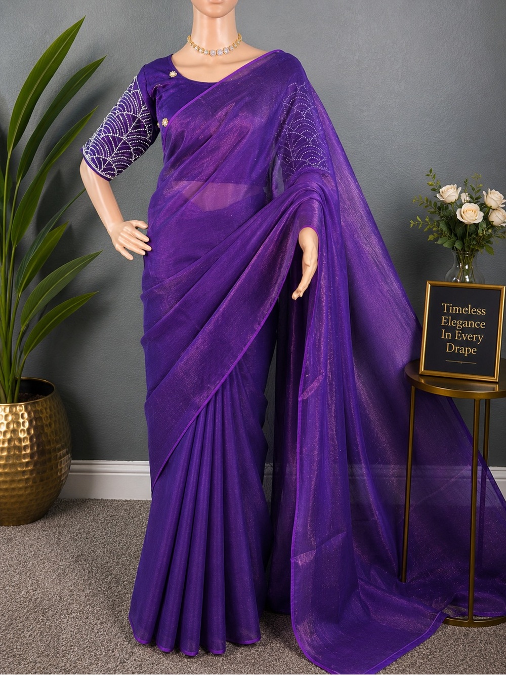 Brand new Vibrant Purple Sheer Saree with Stitched blouse (34” - 42”)